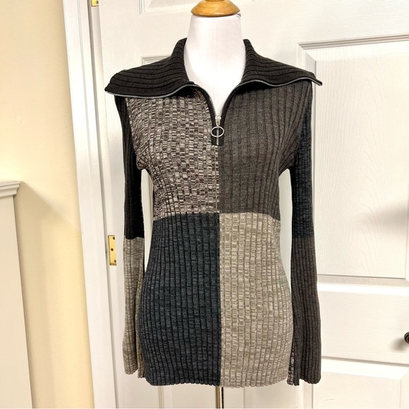 SANDRO Moria Wool Gray colorblock patchwork Sweater sophisticate preppy women XL - Picture 2 of 13
